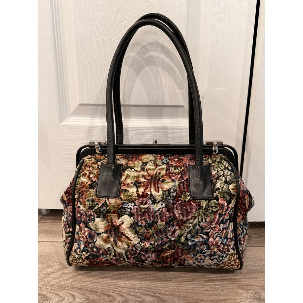 Vintage Floral Tapestry Comeco Bag Kiss Lock Satchel Upholstery Multi-Color